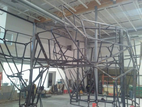 The steel frame that will support the surface panels for the Portland Rock Gym climbing walls are almost finished.