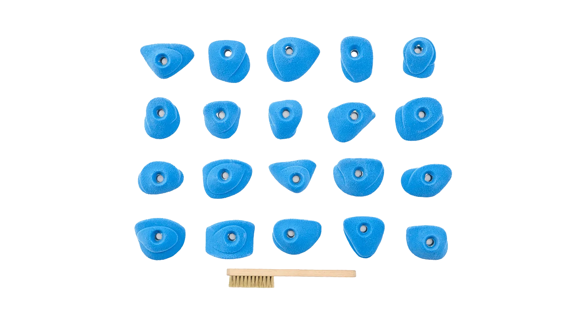 Set of 20 Buttons climbing holds in blue, small crimps for hands or feet, shown with a hold brush
