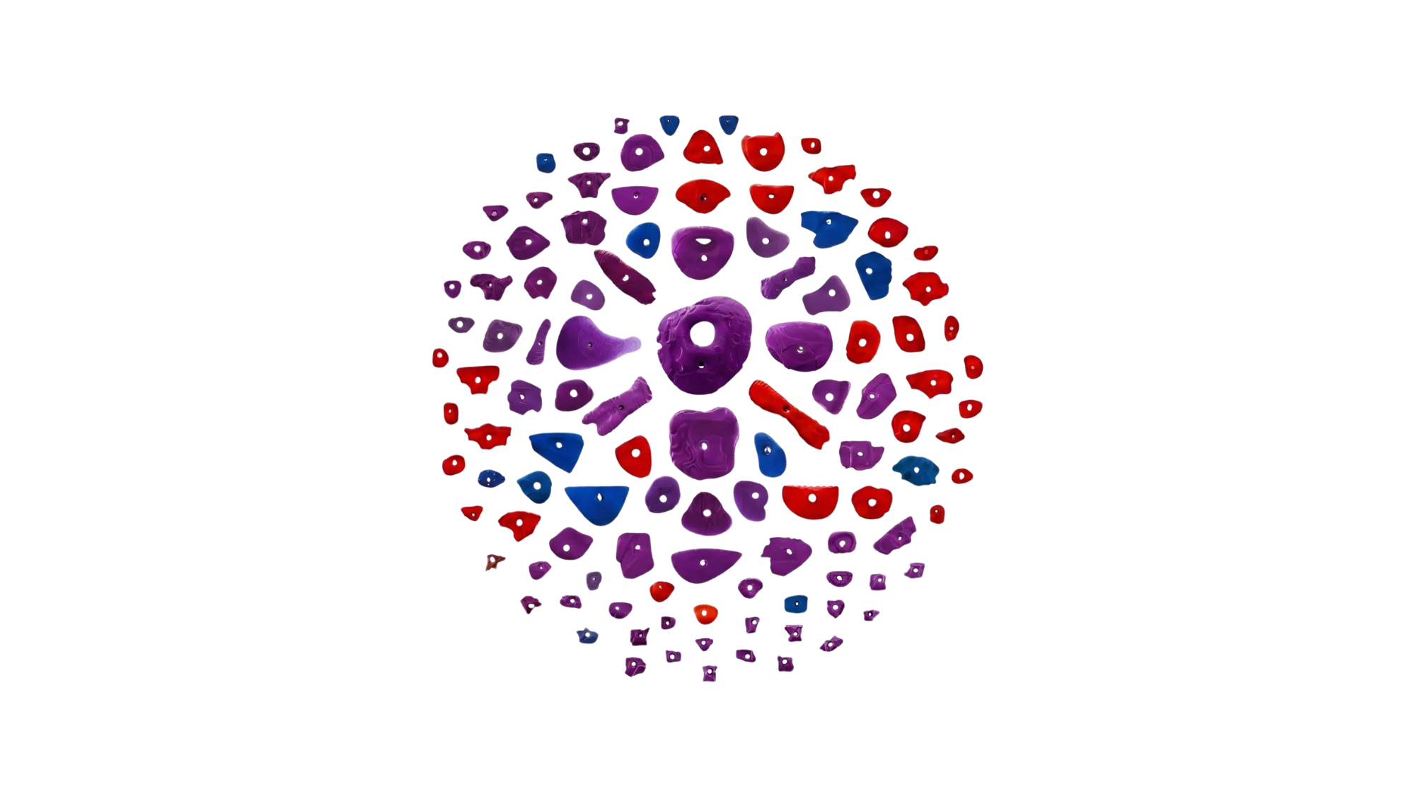Classic Home Gym Kit of 110 climbing holds in red, purple and blue, from large jugs to small crimps