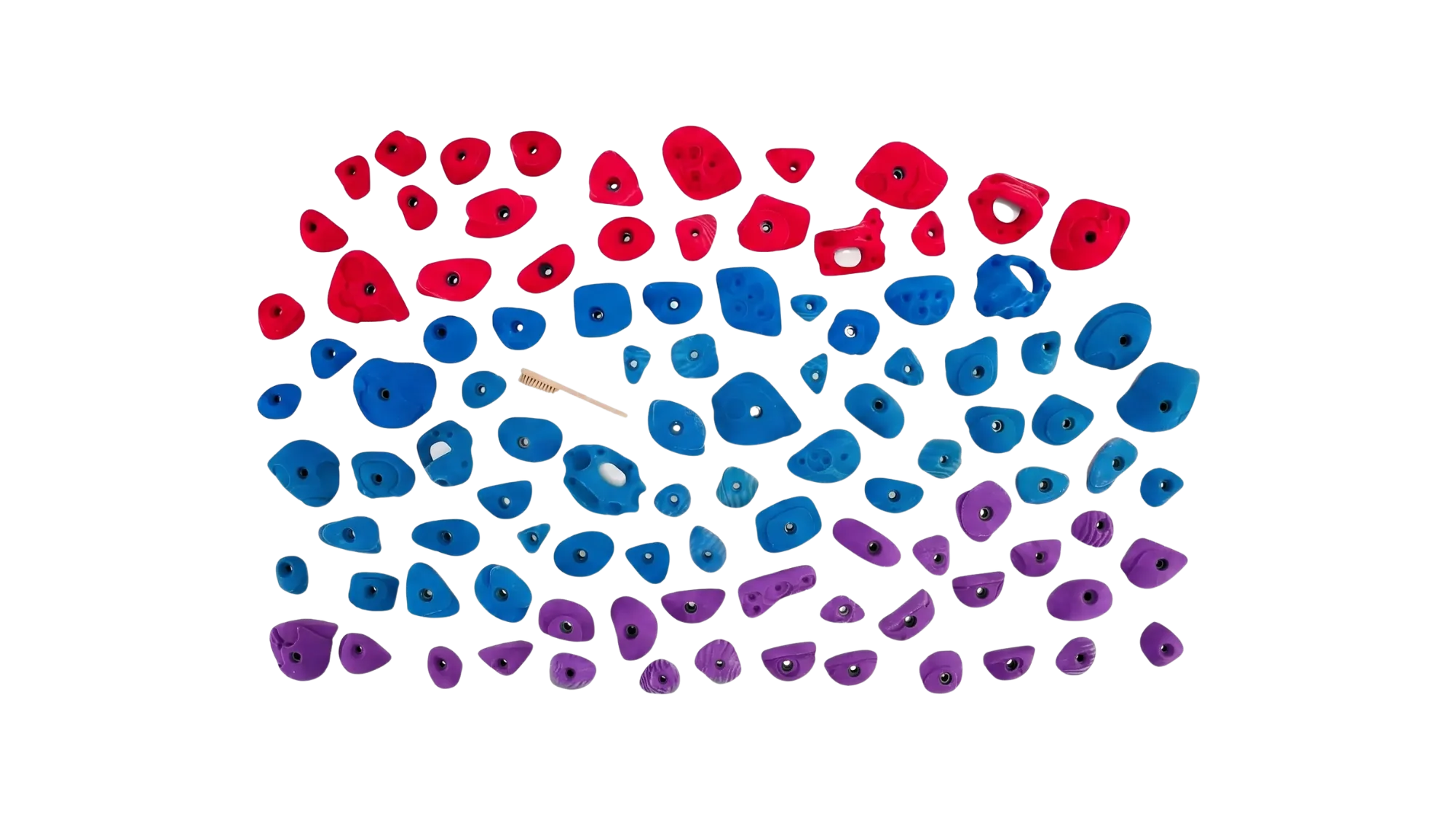 Home Gym 100 Kit of climbing holds in red, blue and purple, a mix of bolt-on and screw-on holds