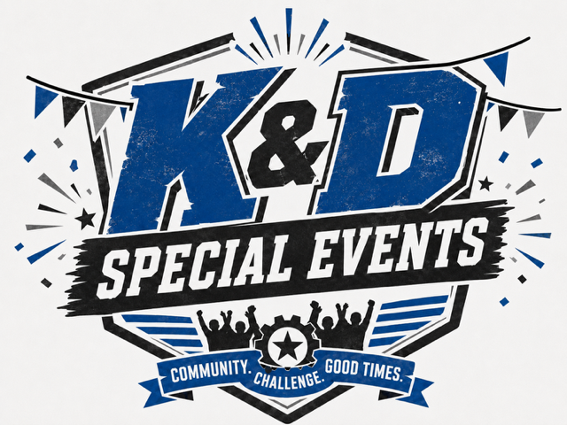 K&D Special Events logo with silhouettes, banners, and text: Community. Challenge. Good Times.