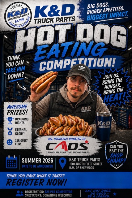Man holding a hot dog with many hot dogs on table, promotional poster for K&D Truck Parts hot dog eating contest.