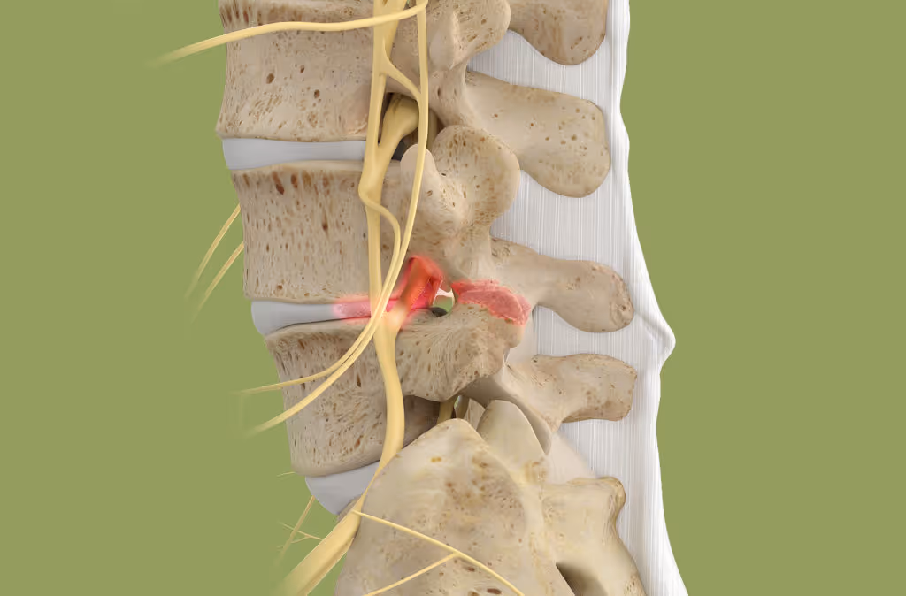 3D illustration of lumbar spine showing nerve impingement at a vertebra marked in red.