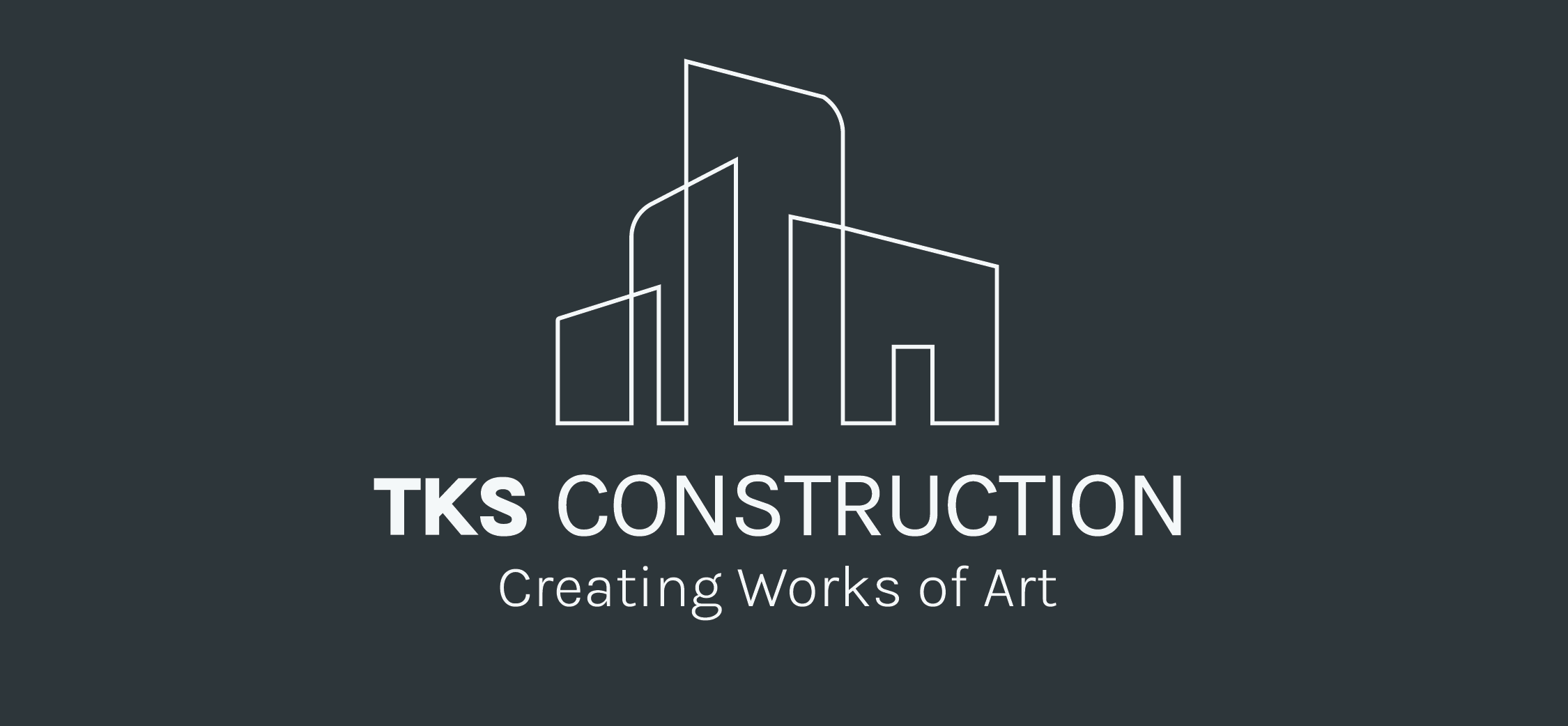 TKS Construction logo with stylized outlines of buildings and the tagline 'Creating Works of Art' on a dark background.