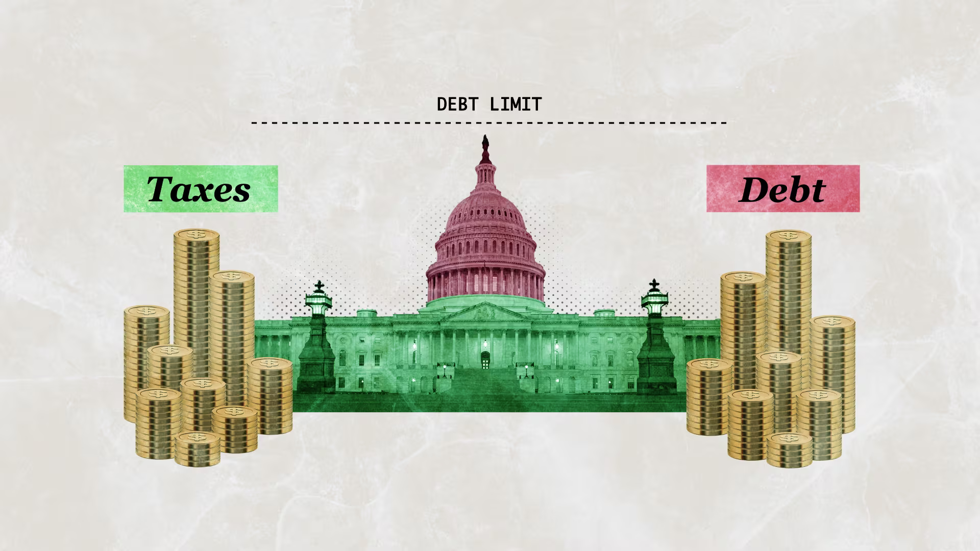 U.S Capitol Building with pile of coins on each side labeled as taxes taxes and debt