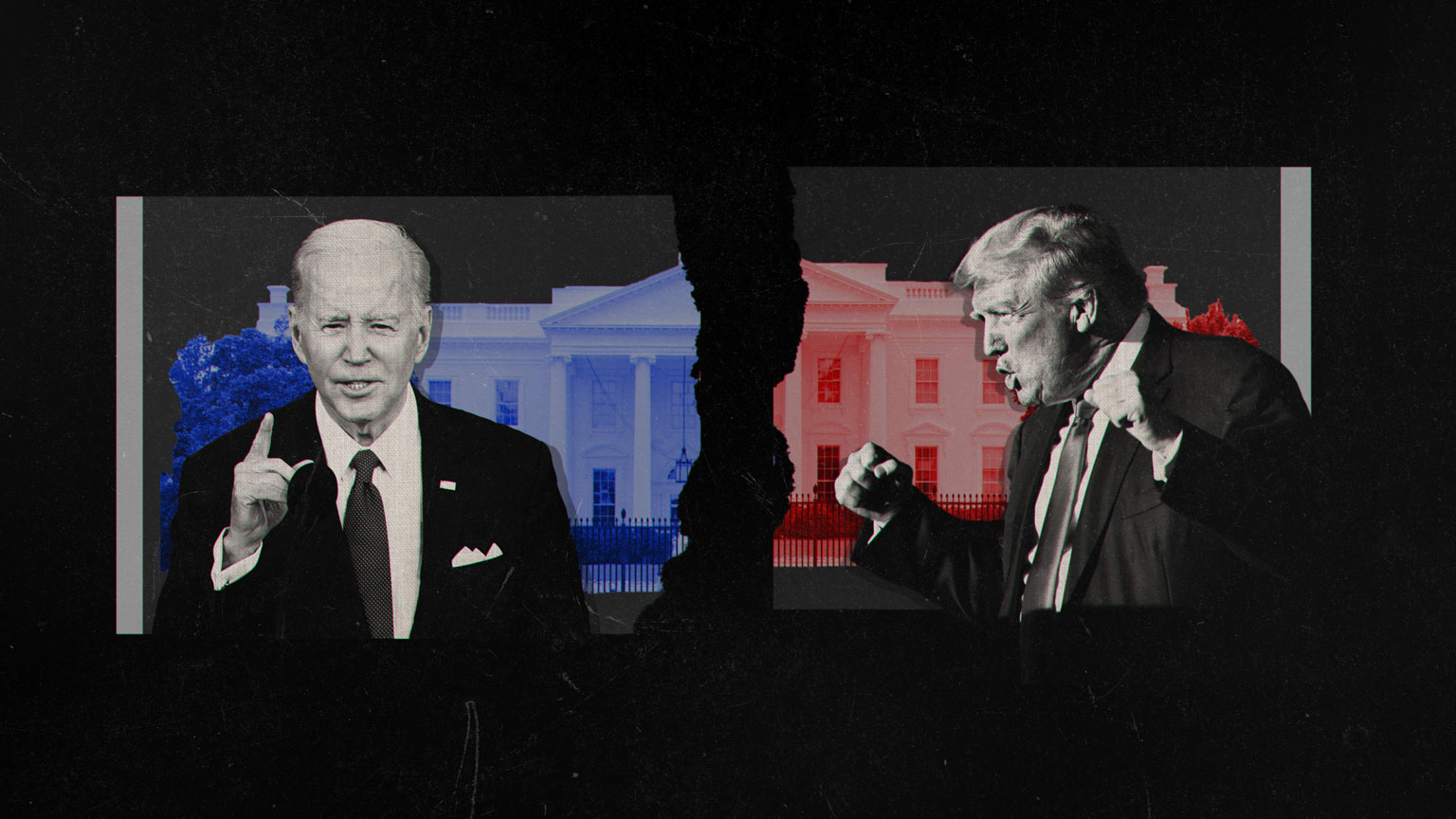 white house on news paper texture torn in half. Left side is blue with cutout of Biden on top. Right side is red with Trump cutout on top