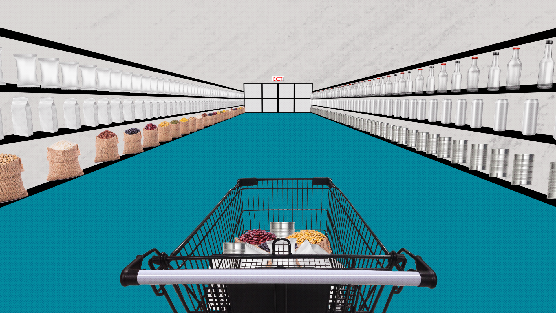 Shopping cart walking down grocery isle