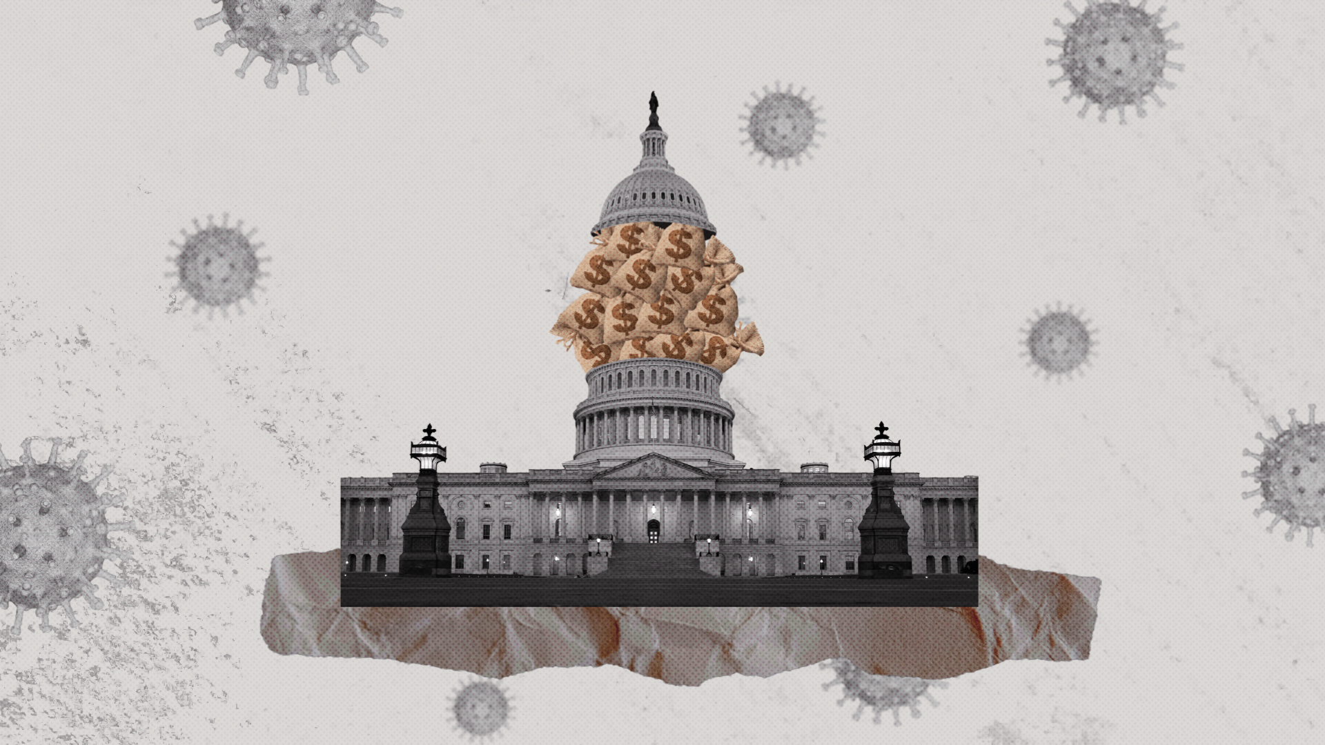 The U.S Capitol Building with money bags coming out of it and lifting the roof