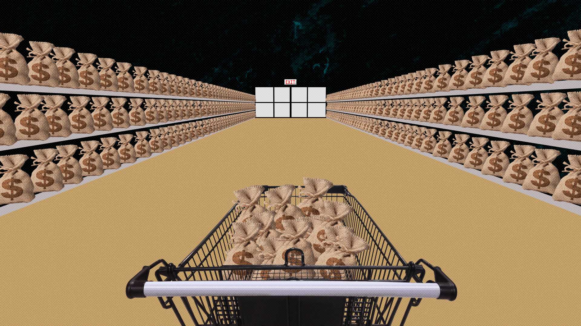 shopping cart full of money bags walking down a grocery isle full of money bags