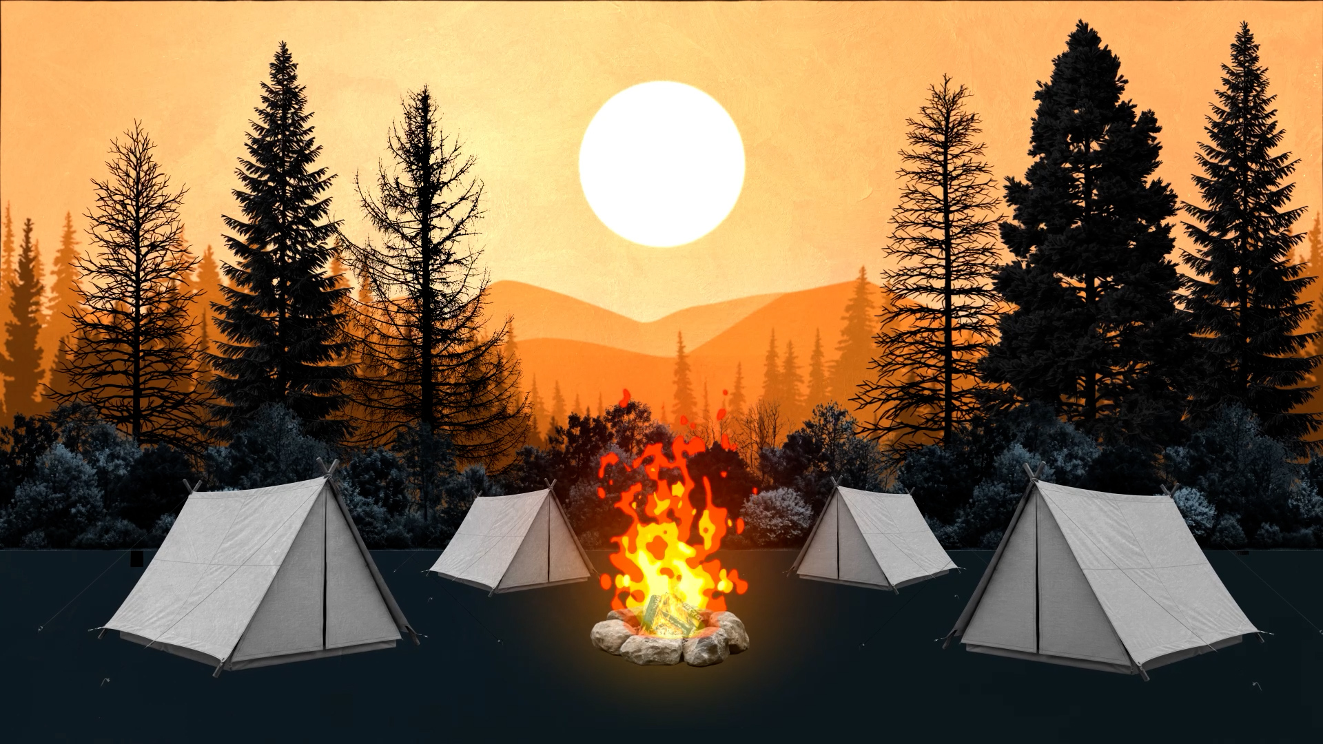 Four gray tents arranged around a roaring campfire with a backdrop of tall trees and an orange sky with a large sun.