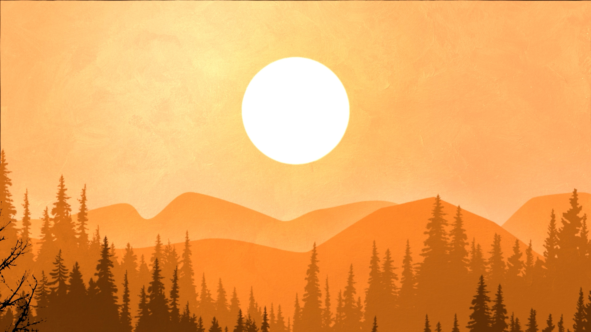 Illustration of a bright sun over layered orange mountain hills with pine trees in the foreground.