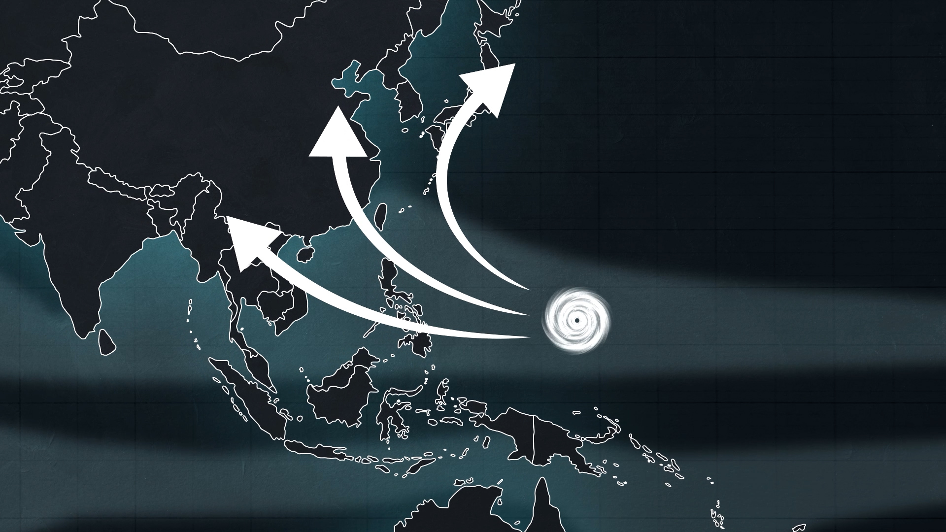 Map of Southeast Asia showing a tropical cyclone in the ocean east of the Philippines with three white arrows indicating possible paths toward China, Taiwan, and Vietnam.