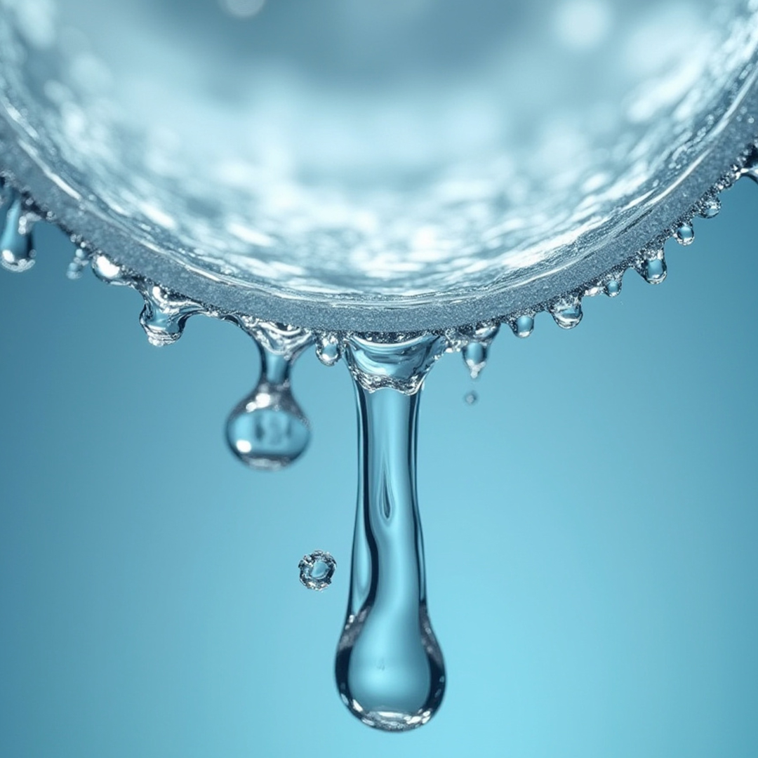 Close-up of clear water droplets hanging and dripping from a smooth curved surface against a blue background.