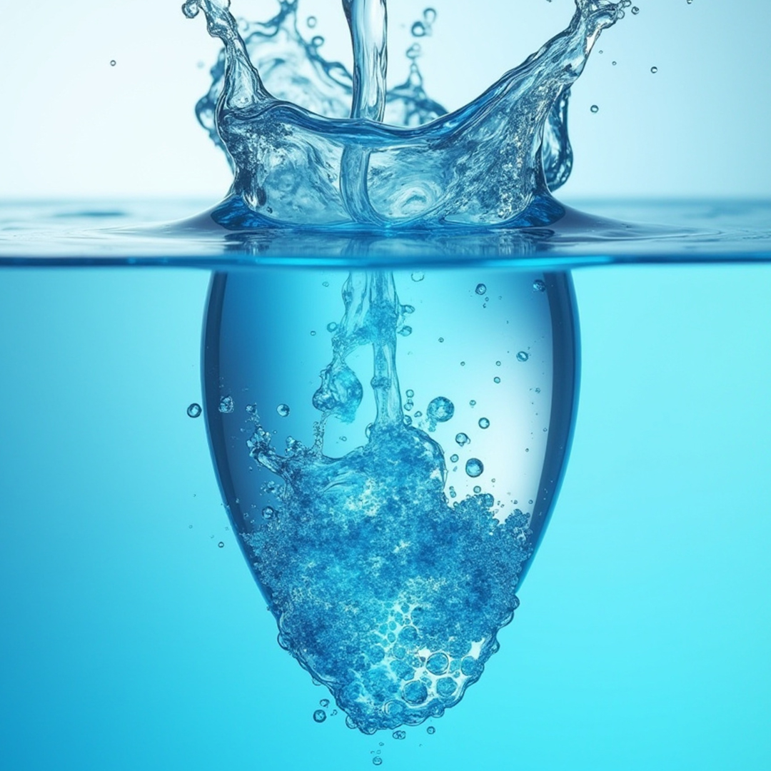 Water splashing and bubbles forming as a drop falls into clear blue water.