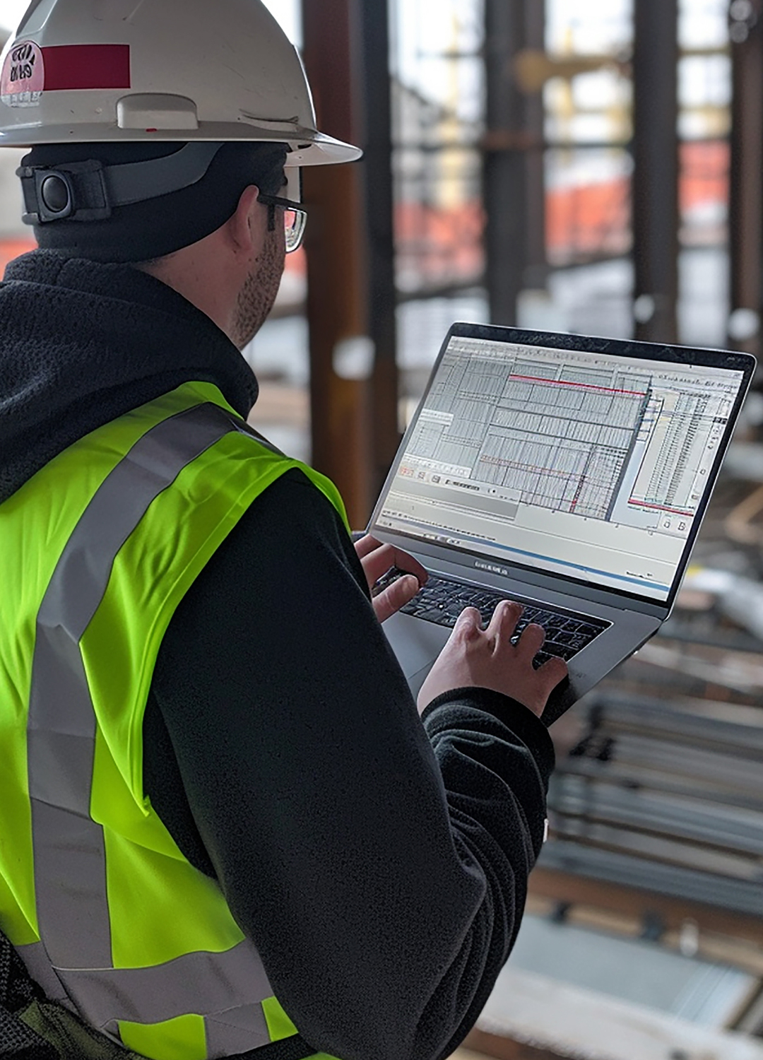 Construction worker wearing a hard hat and neon safety vest using a laptop to view building plans.