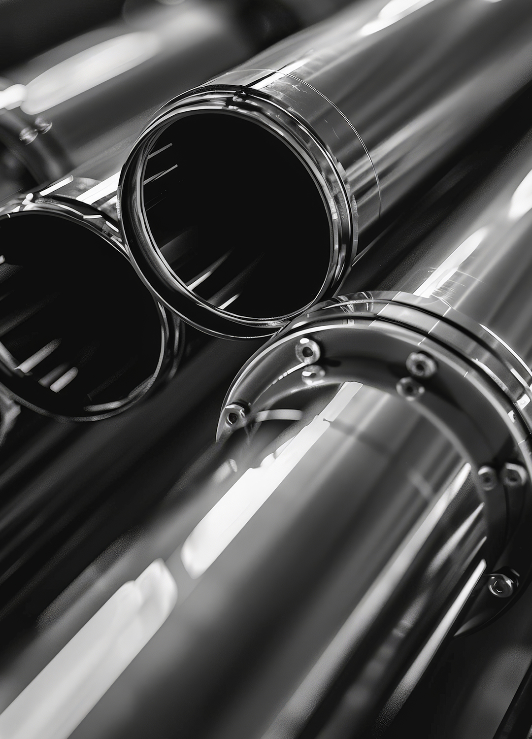 Close-up of shiny, reflective metal pipes with bolts and a polished surface.