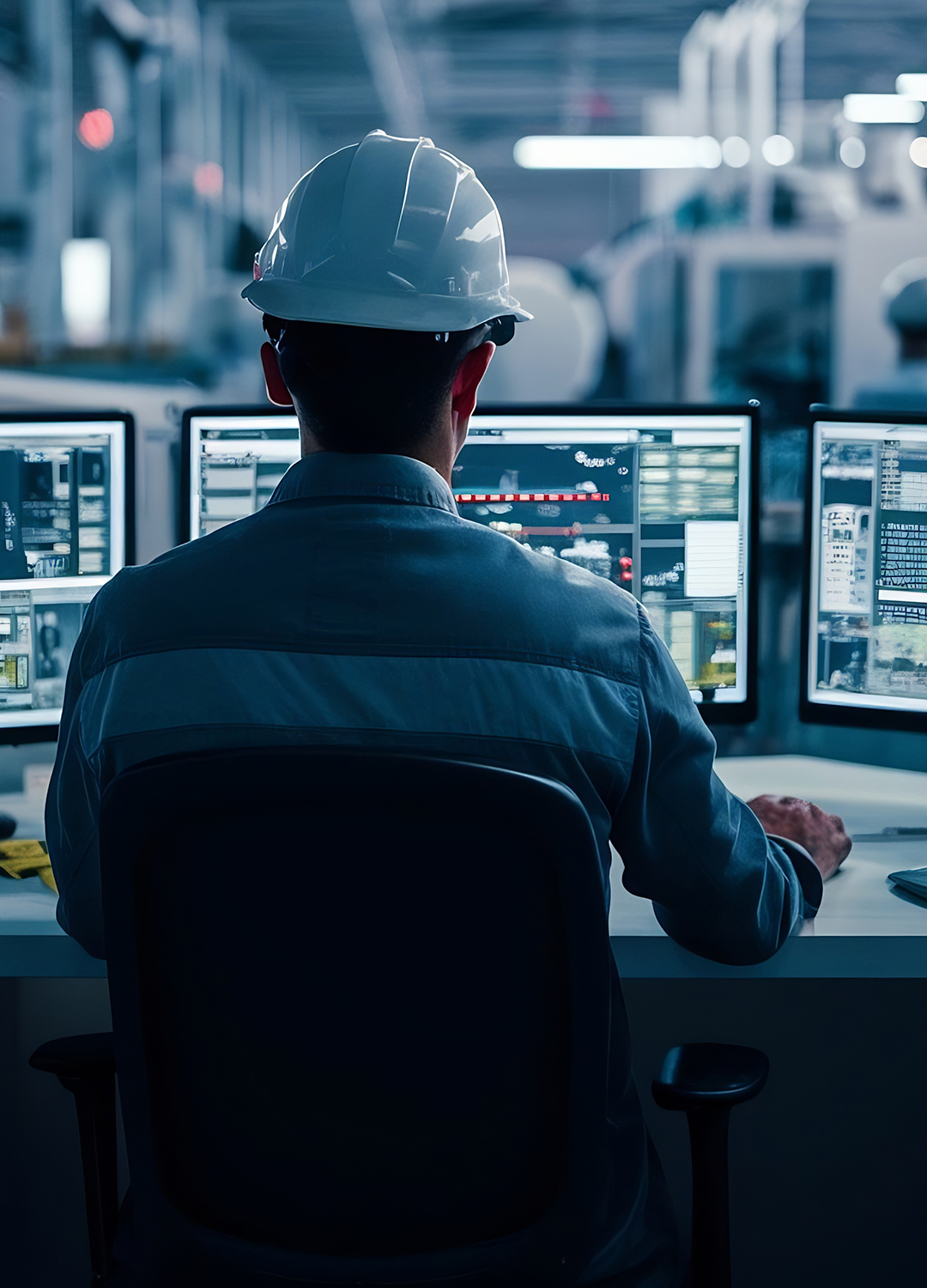 Engineer wearing a hard hat working on multiple computer monitors in an industrial control room.