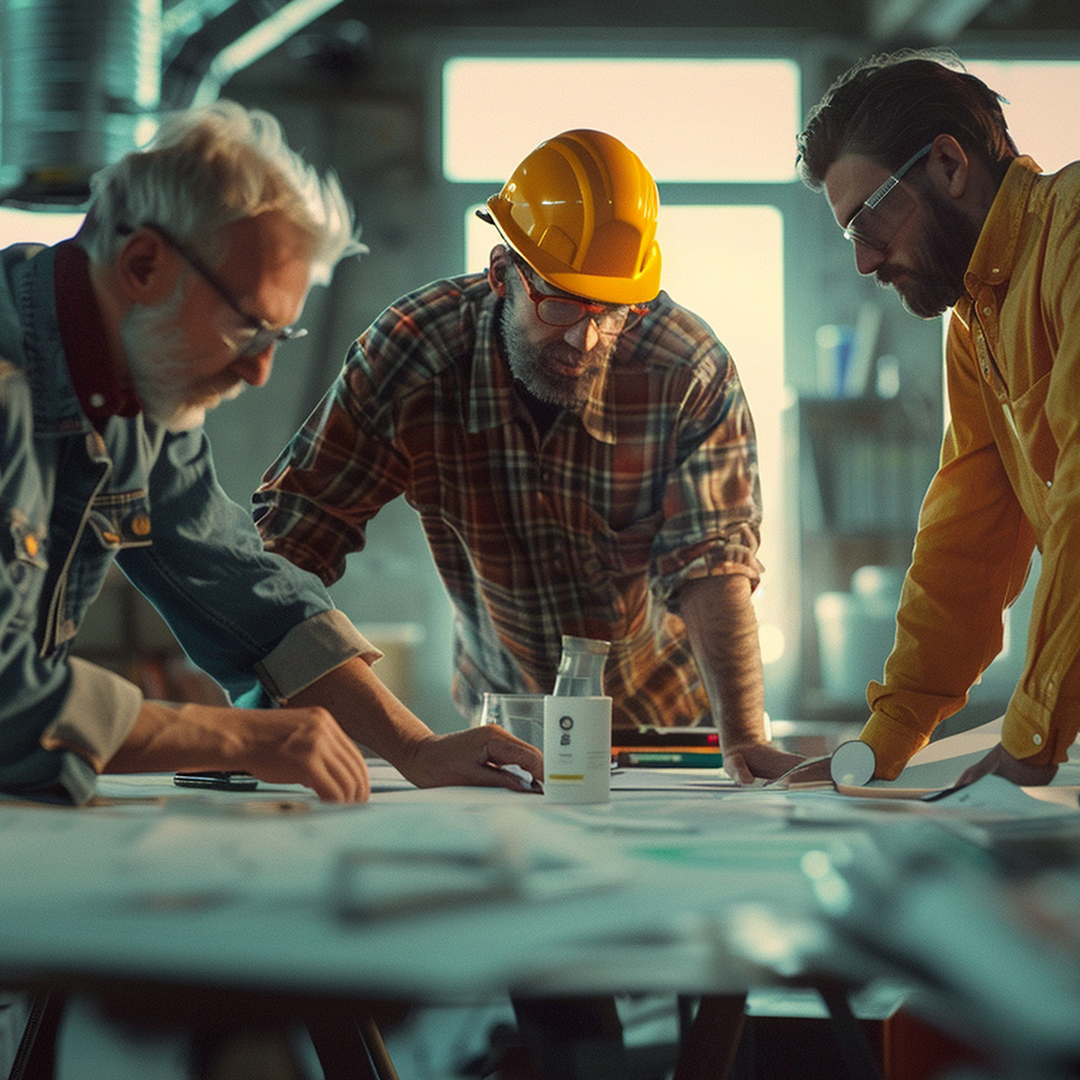 Three engineers wearing safety glasses and hard hats collaborating over blueprints on a table in a workshop.
