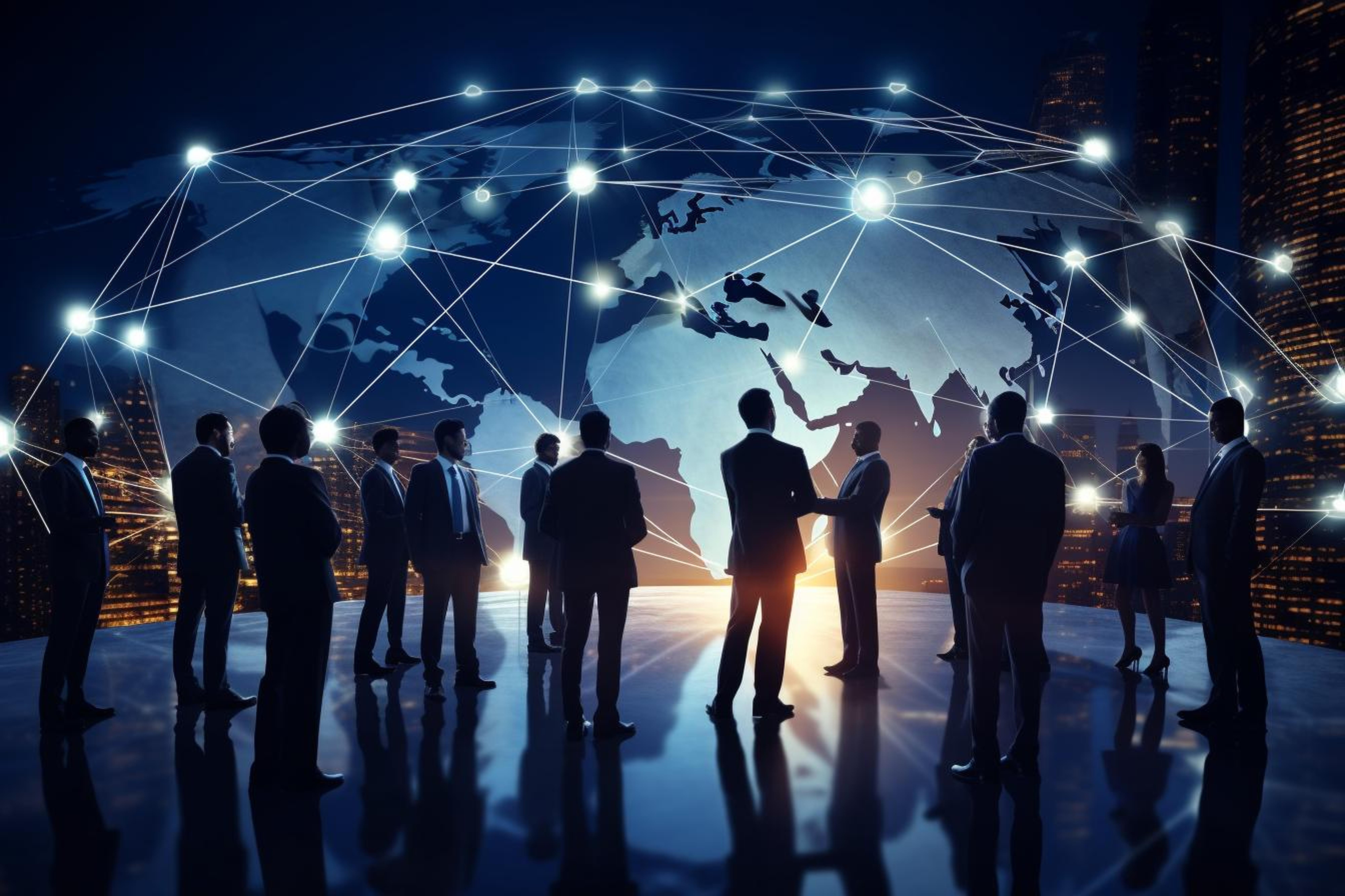 Silhouettes of business people networking against a world map with interconnected glowing nodes symbolizing global business connections.