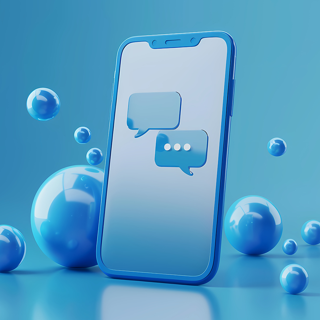 Blue smartphone displaying two chat bubbles and surrounded by floating blue spheres on a blue background.
