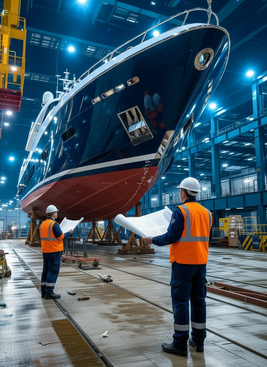 Two workers in orange safety vests and white helmets inspecting blueprints next to a large yacht in a shipyard.