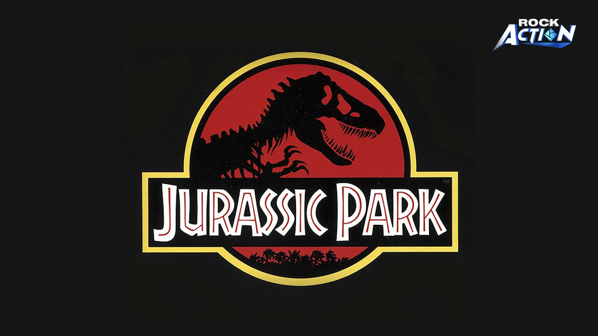 Jurassic Park iconic red and black logo featuring a T. rex skeleton silhouette on a dark background, symbolizing the classic dinosaur adventure movie franchise, with Rock Action branding.