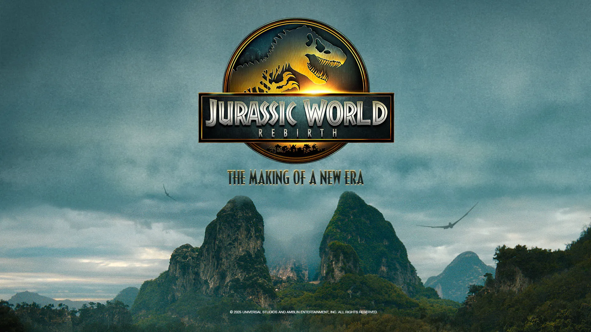 Jurassic World Rebirth: The Making of a New Era – Premieres 28 June at 20:30. Official poster featuring the iconic Jurassic World logo set against a dramatic mountainous landscape under a stormy sky.