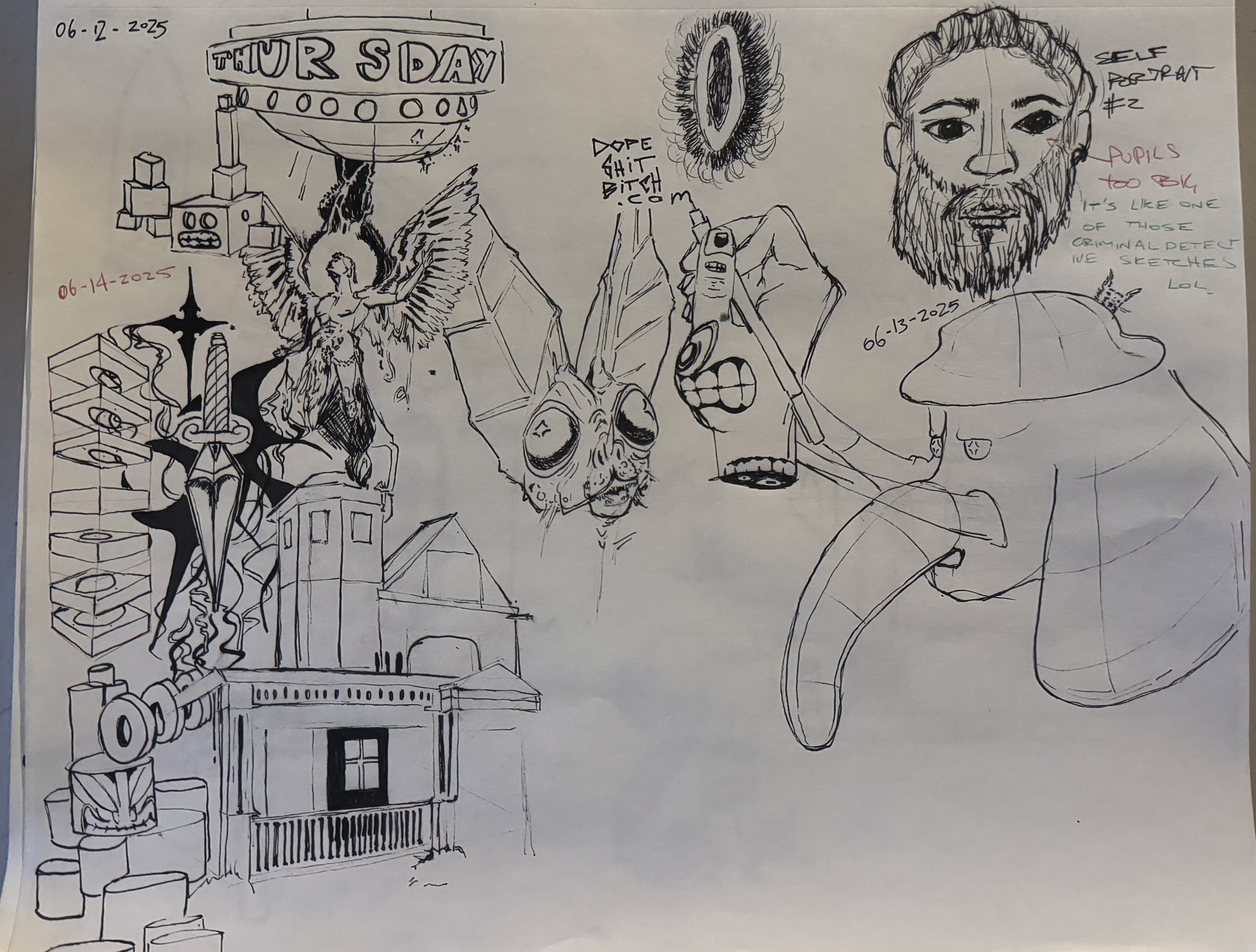 sketch book of random elements containing an angel, a plant bat, and a house