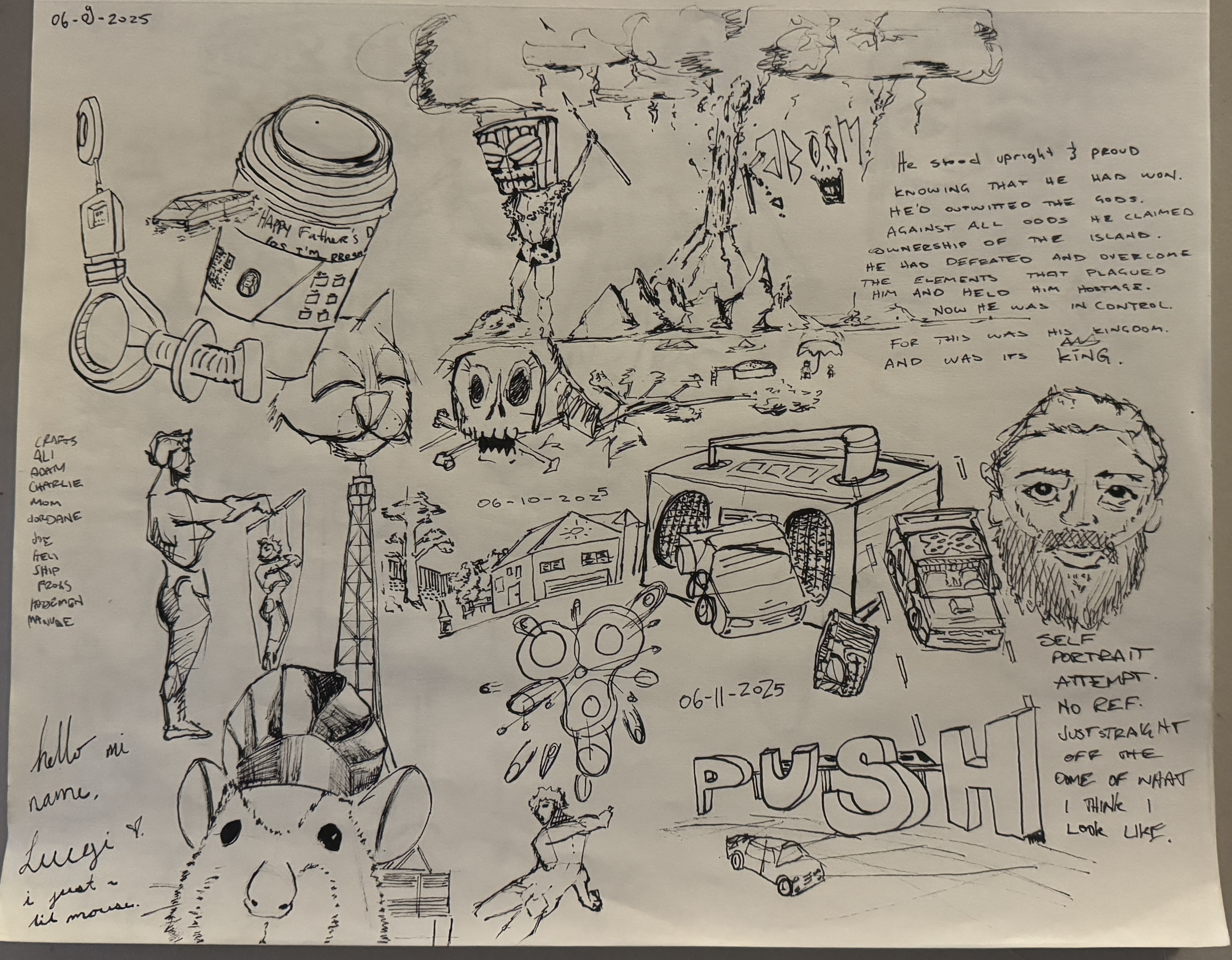 sketch book of random elements containing tiki man, lil italian mouse called luigi, and a rough self portrait of rixochixo