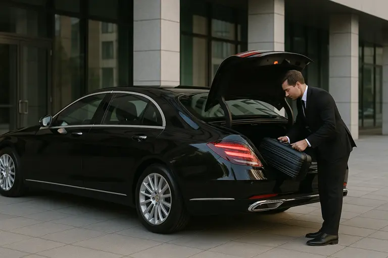 Chauffeur in black suit loading a Mercedes-Benz S-Class sedan with black luggage – luxury airport transfer and executive chauffeur service