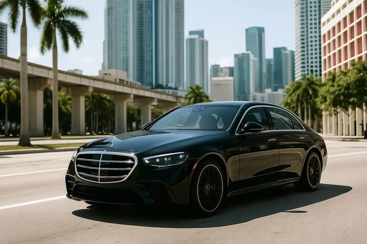 Black Mercedes-Benz S-Class luxury sedan parked in Miami with palm trees and skyscrapers in the background – premium chauffeur service and executive airport transfer.