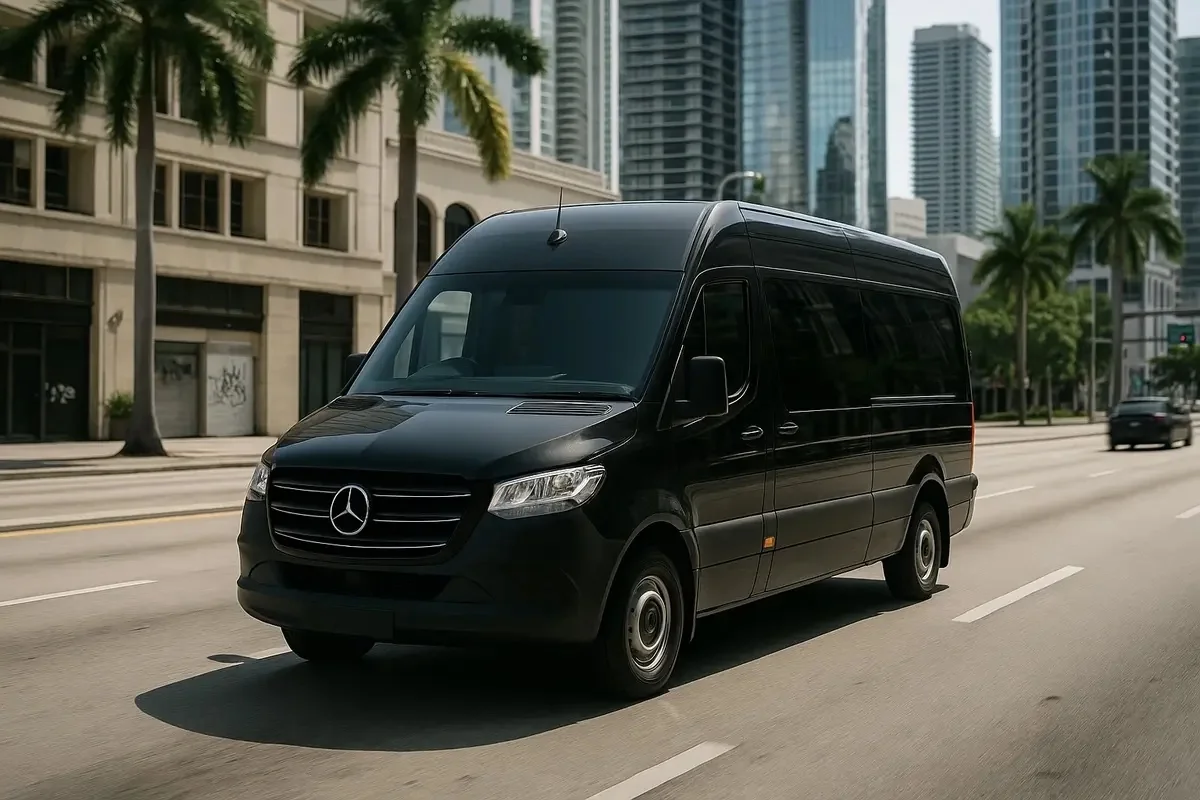 Black Mercedes-Benz Sprinter Van parked in Miami with palm trees and modern city buildings in the background – luxury group transportation and executive chauffeur service.