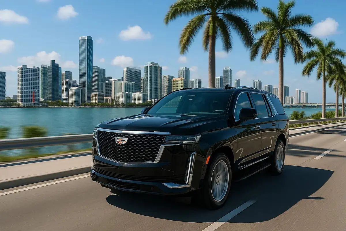 Black Cadillac Escalade SUV driving in Miami with palm trees and modern high-rise buildings in the background – luxury chauffeur service and private airport transfers