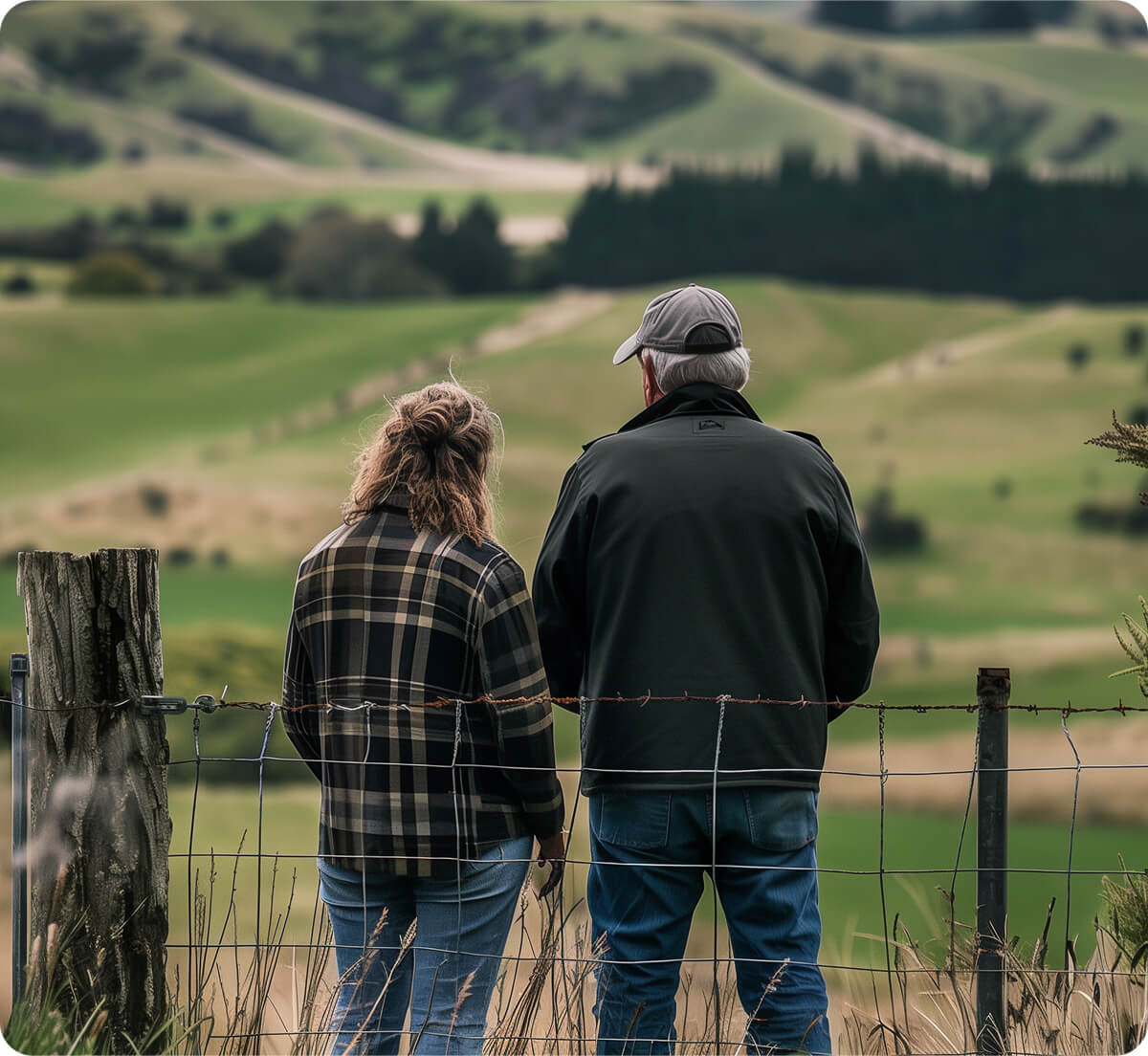 A man and women standing in a fenced paddock looking out over the farmland.