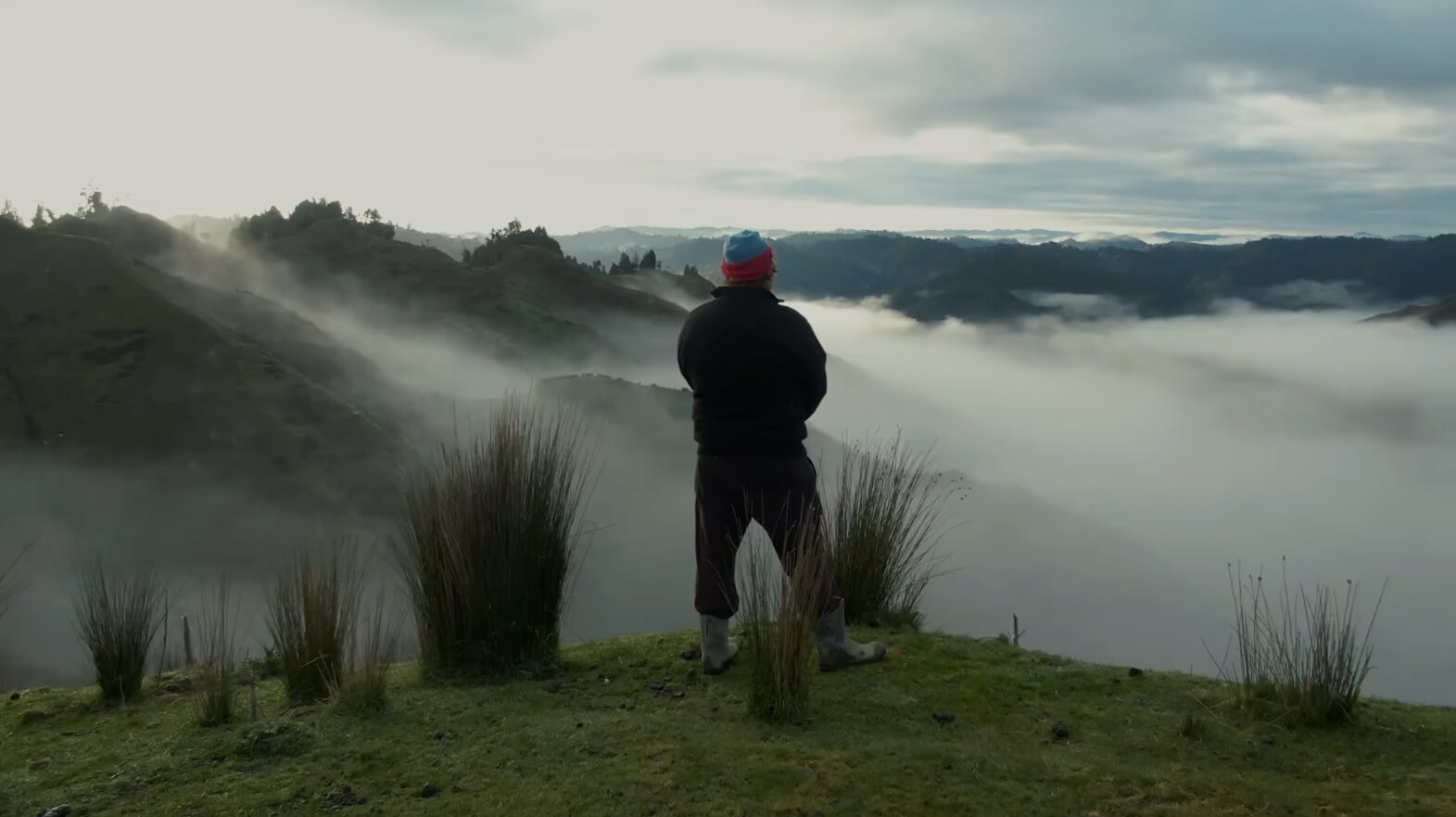 A farmer standing on a hill, looking out over a foggy valley.