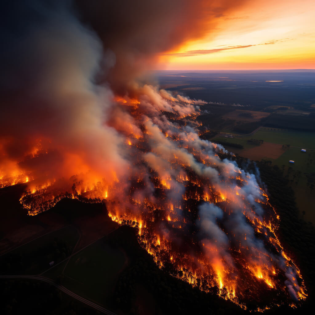 A large wildfire from above, burning farm land.