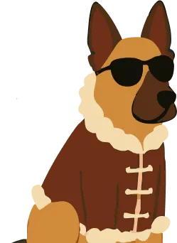 Cool dog wearing sunglasses and winter coat with toggle buttons