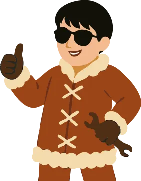 Cool cartoon character in winter coat giving thumbs up with sunglasses