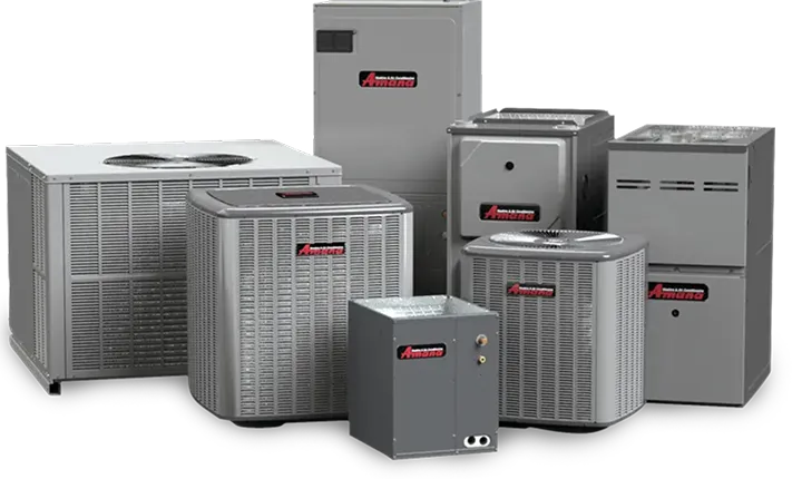 Multiple Amana HVAC units and furnaces in various sizes and configurations