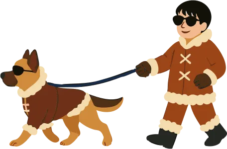 Person in winter coat walking dog wearing sunglasses