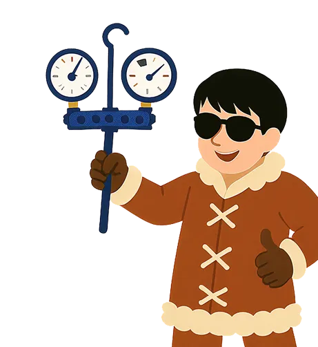Person in winter coat holding pressure gauge with two dials