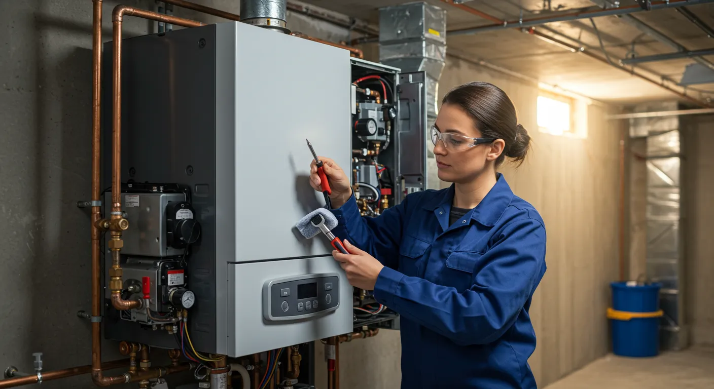 Technician in blue uniform checking boiler system with tools