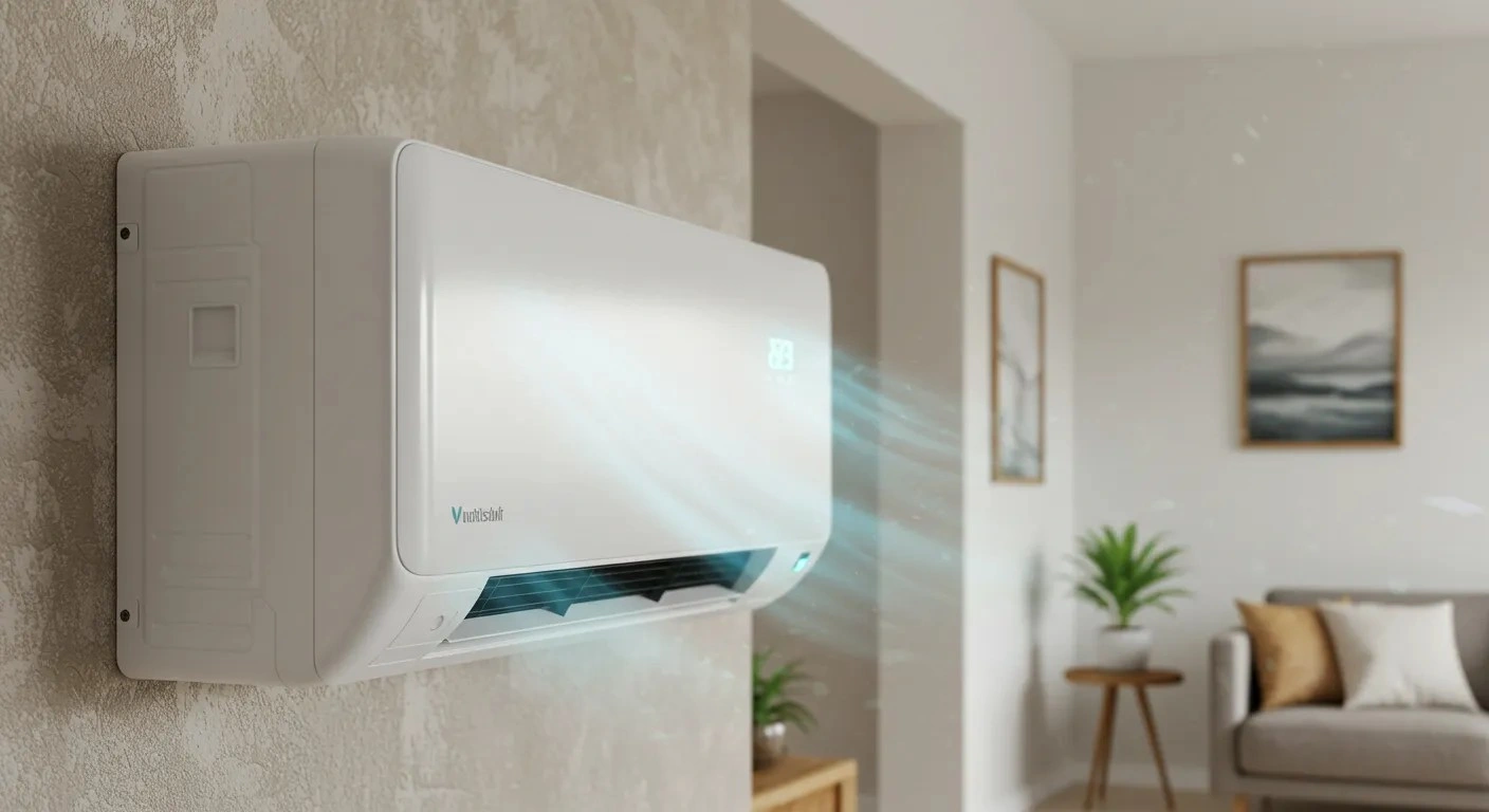 Modern air conditioner blowing cool air in minimalist living room