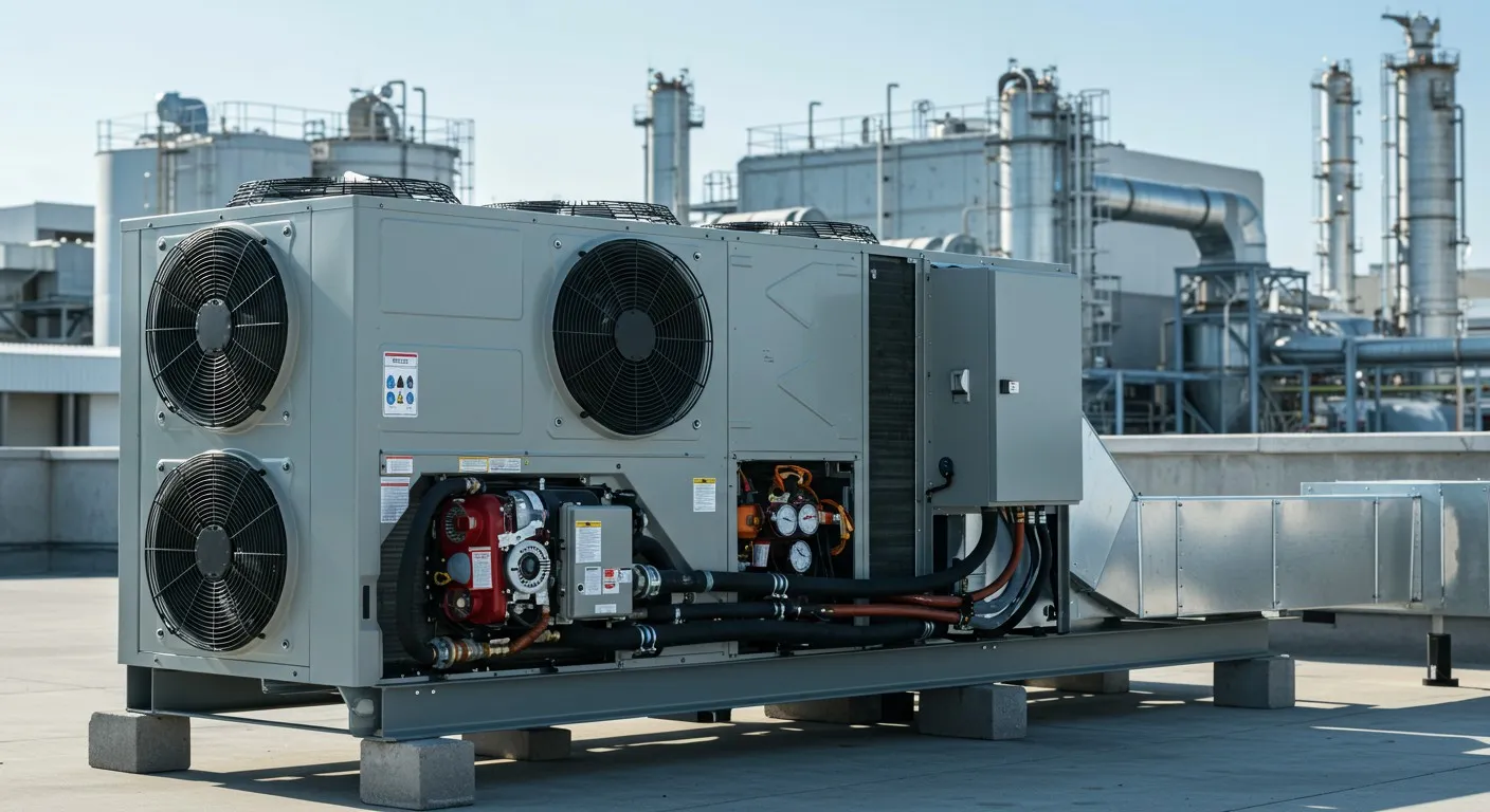 Industrial cooling system with multiple fans on factory rooftop