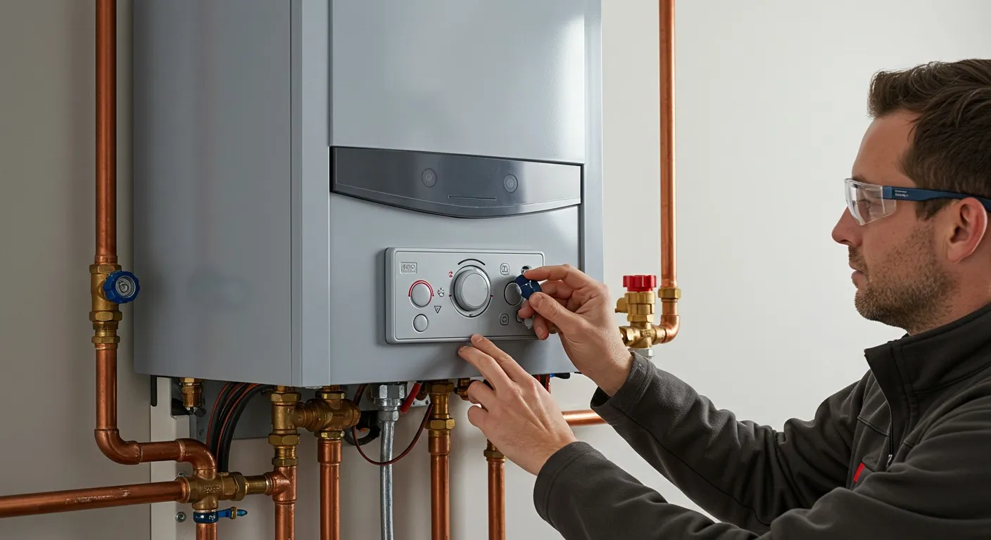Technician adjusting settings on a wall-mounted boiler with copper pipes