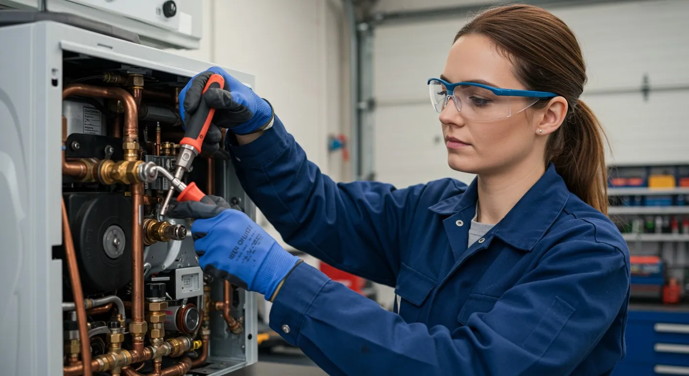 Technician in safety glasses checking industrial heating system pipes