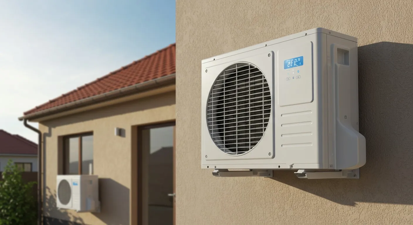 White air conditioning unit mounted on house exterior wall