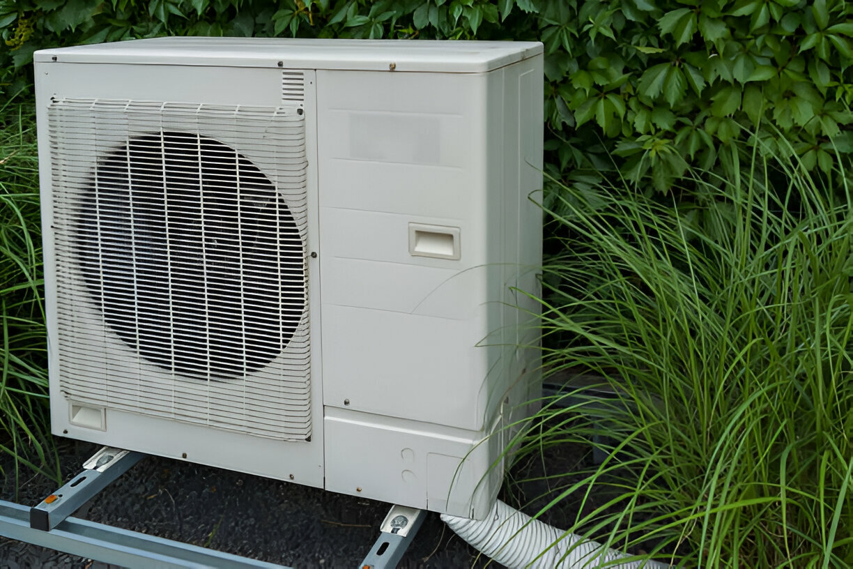 Two technicians installing and checking an outdoor air conditioning unit