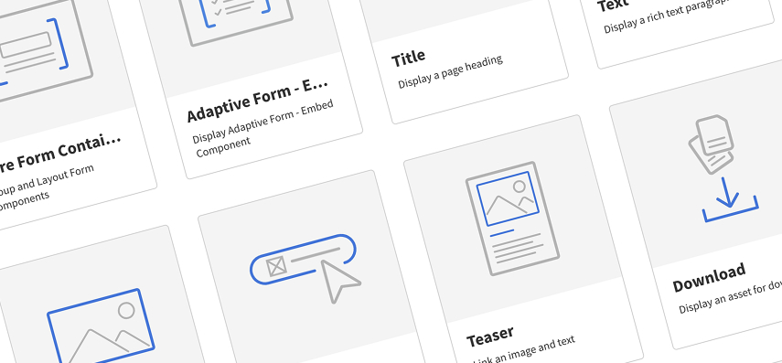 Grid of UI component cards including Adaptive Form Embed, Title, Teaser, and Download icons with brief descriptions.