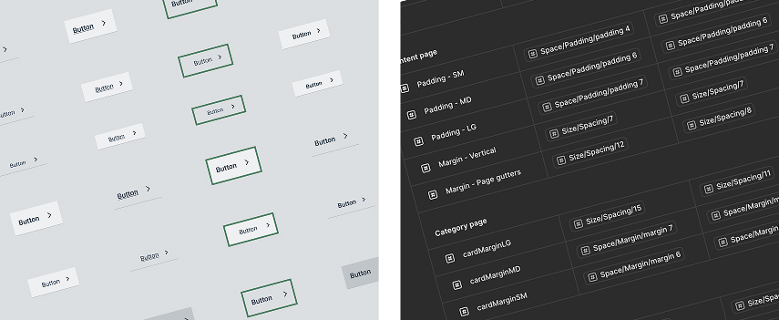 Two side-by-side screenshots showing UI design elements, with various styled buttons on a light background on the left and a dark-themed interface listing spacing and margin properties on the right.